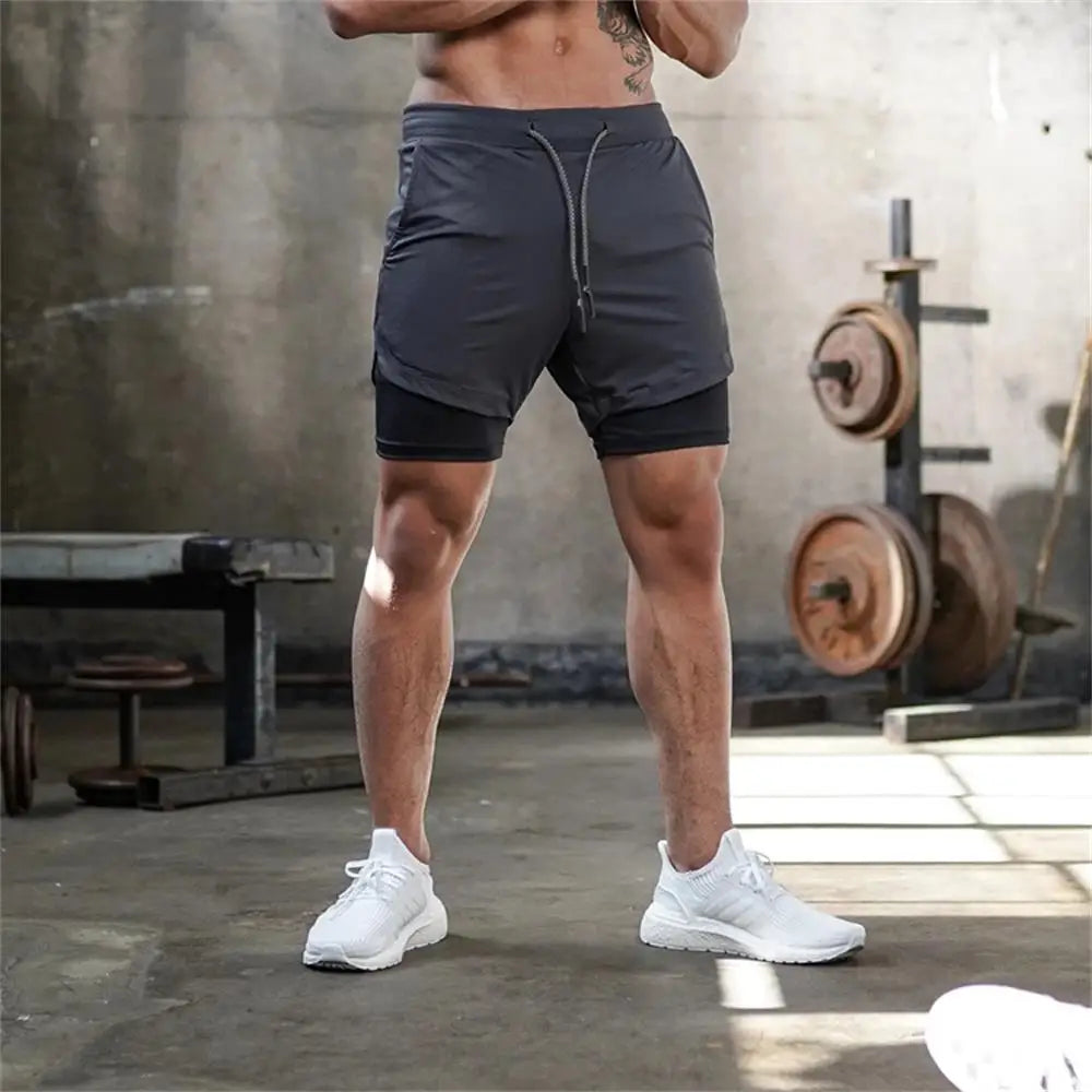 Men's Double Layer Fitness Shorts Drawstring Mesh Lining Elastic Waist Breathable Quick Dry Sportswear Jogger Short Male