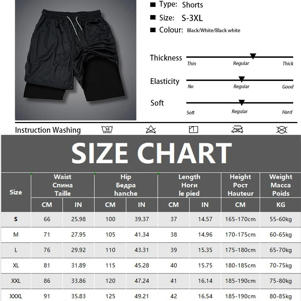 Men's Double Layer Fitness Shorts Drawstring Mesh Lining Elastic Waist Breathable Quick Dry Sportswear Jogger Short Male