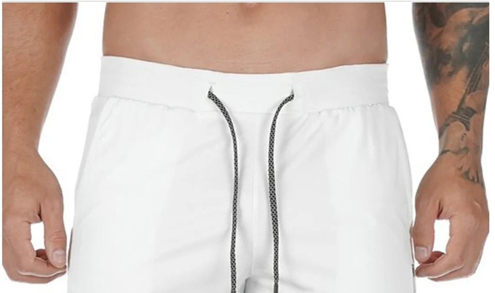 Men's Double Layer Fitness Shorts Drawstring Mesh Lining Elastic Waist Breathable Quick Dry Sportswear Jogger Short Male