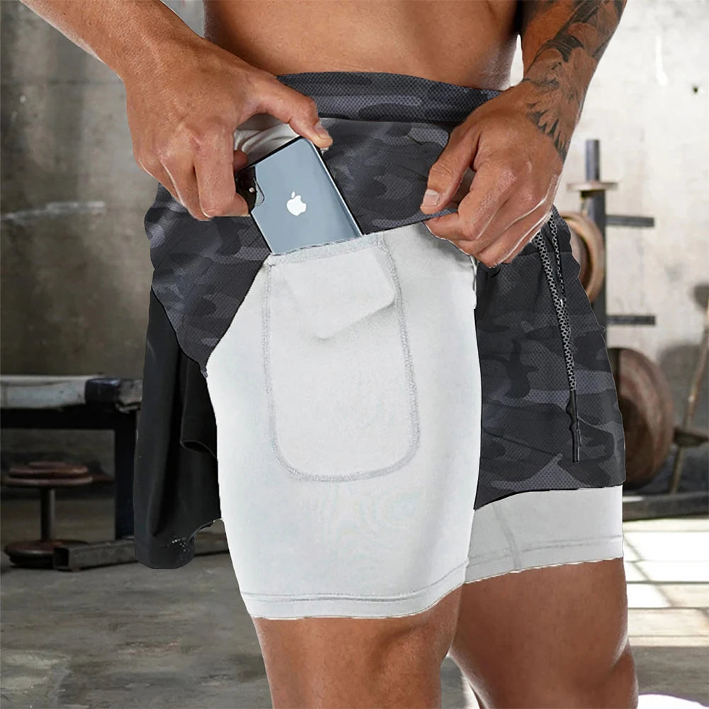 Men's Double Layer Fitness Shorts Drawstring Mesh Lining Elastic Waist Breathable Quick Dry Sportswear Jogger Short Male