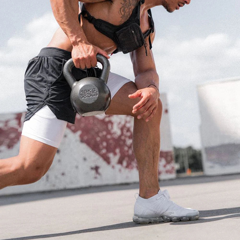 Men's Double Layer Fitness Shorts Drawstring Mesh Lining Elastic Waist Breathable Quick Dry Sportswear Jogger Short Male