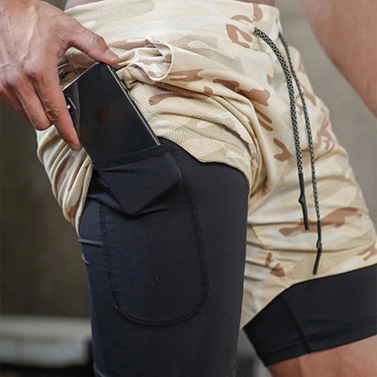 Men's Double Layer Fitness Shorts Drawstring Mesh Lining Elastic Waist Breathable Quick Dry Sportswear Jogger Short Male