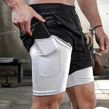 Men's Double Layer Fitness Shorts Drawstring Mesh Lining Elastic Waist Breathable Quick Dry Sportswear Jogger Short Male