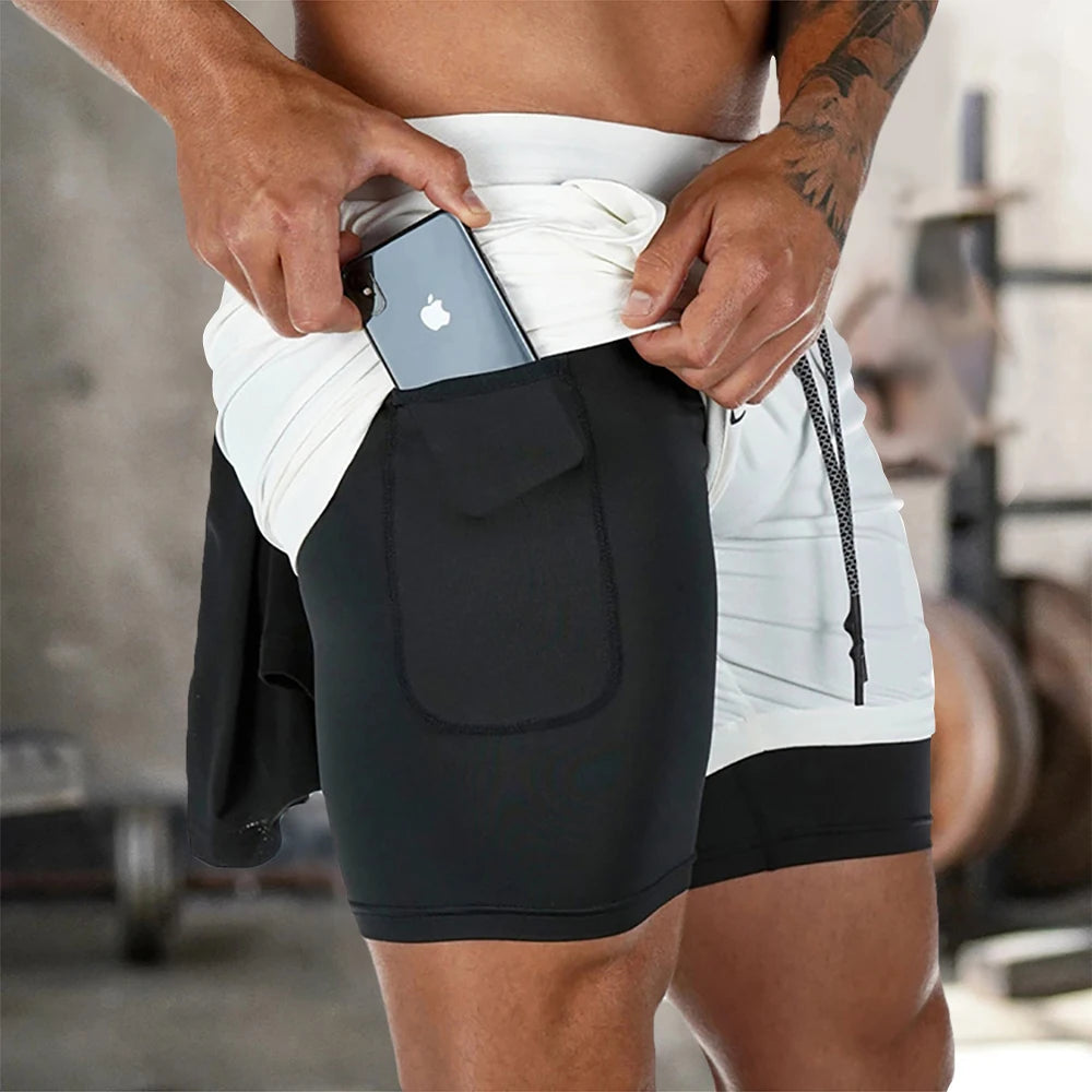 Men's Double Layer Fitness Shorts Drawstring Mesh Lining Elastic Waist Breathable Quick Dry Sportswear Jogger Short Male
